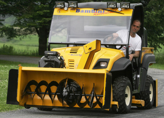 Damian Renzello demonstrates his Bambini Revolution ice resurfacer at his home in East Montpelier, Vt.