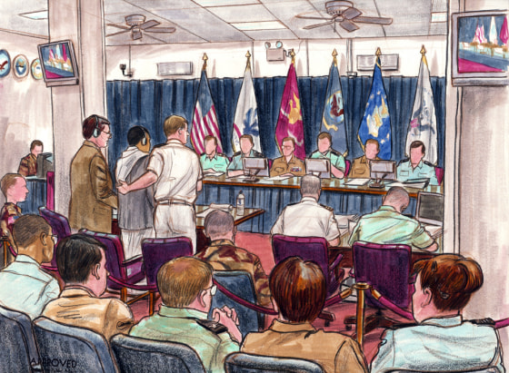 This court sketch shows the trial of Salim Ahmed Hamdan, who faces charges of conspiring against U.S. citizens and whose case was the center of Thursday's Supreme Court ruling.