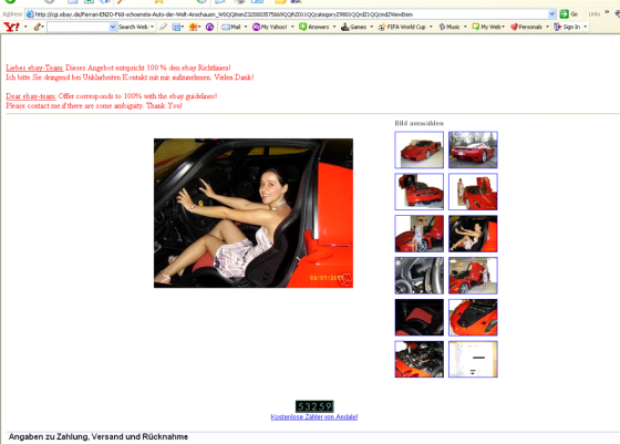 With car sales in the doldrums these days, buyers are looking for incentives. This Ferrari Enzo, for sale on eBay's German site, comes with Leila, the seller, included.