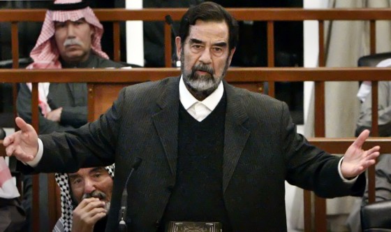 File photo of former Iraqi President Saddam Hussein speaking at his trial in Baghdad