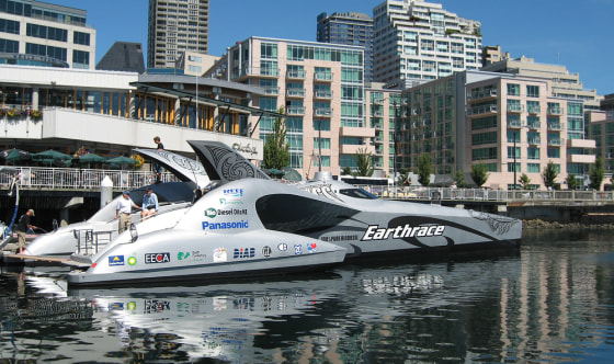 This $2.5 million powerboat, seen here in Seattle, runs on biodiesel, a fuel made from vegetable or animal oil. Its creator hopes to set the world record for fastest powerboat trip around the globe.