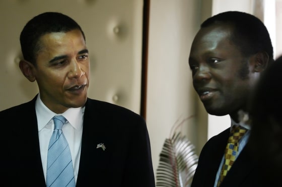 U.S. Senator Barack Obama, left, is received by Kenyan Minister of Foreign Affairs Raphael Tuju on Friday during a courtesy visit at the Minister's office. Obama, whose late father was born in Kenya, and who is the only African-American in the U.S. Senate, has received something of a hero's welcome on his first visit to this country since he was sworn into office in 2005.