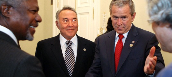 President Bush, center right, gestures while Kazakhstan President Nursultan Nazarbayev, center left, looks on during the G8 summit in St. Petersburg in July.