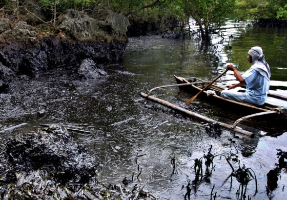 A fisherman views some of the damage from the oil spill in central Philippines.