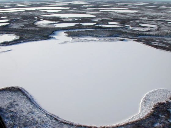 Arctic areas are dotted with lakes like these, which contain methane frozen in permafrost below the water.