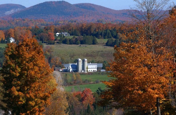 A farm is framed by the colors of fall in East Montpelier, Vt.