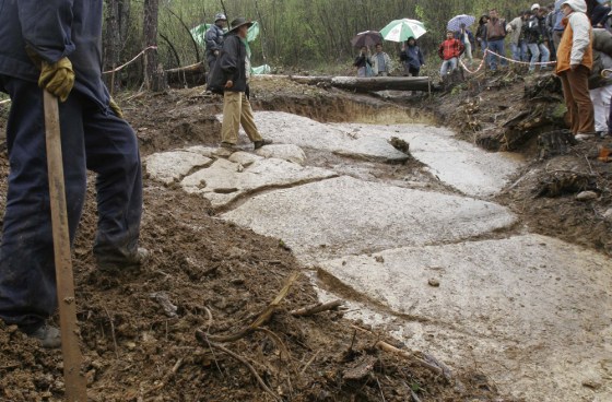 Flat stone blocks are exposed along the side of Visocica Hill near the central Bosnian town of Visoko in this April 2006 photo. An Egyptologist who investigated two hills in the area has recommended that archaeological digs be carried out there.