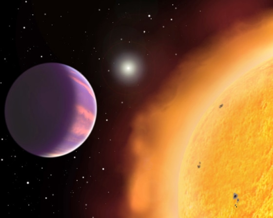 The newly discovered world HAT-P-1, shown in this artist's conception, poses a puzzle for astronomers because it appears to be puffed up much larger than theory predicts. HAT-P-1 has a radius about 1.38 times Jupiter's but contains only half of Jupiter's mass. 