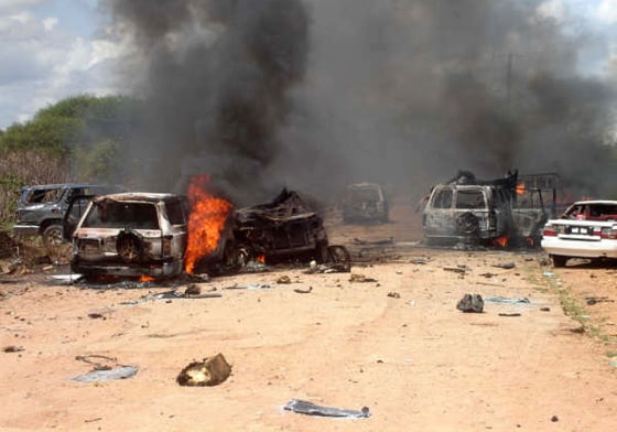Wreckage litters a street shortly after a bombing that killed 11 in Baidoa, Somalia, on Monday.