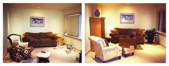 Staging can help transform a family room from cluttered, left, to charming.