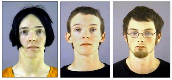 In these photos released by the Grant County Jail, from left, twin brothers Nicholas and Alexander Grunke, 20, of Ridgeway, Wis., and Dustin Radke, 20, of Dodgeville, Wis., are shown.