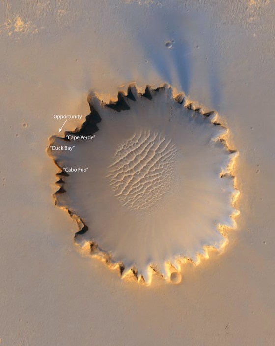 NASA's Mars Reconnaissance Orbiter beamed back this image of the Victoria Crater, near the equator of the planet. The Opportunity rover was spotted at the 10 o'clock position of the crater rim.