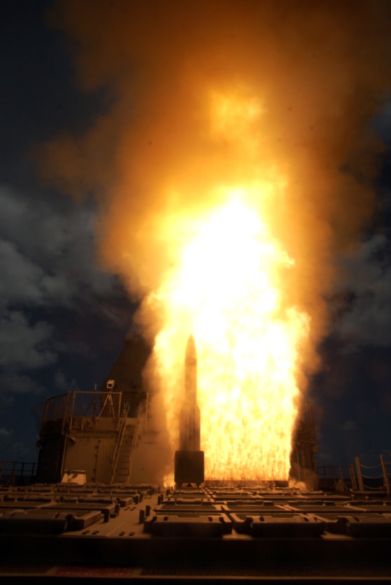 In a U.S. Navy photo, a Standard Missile-3 is launched from the Aegis cruiser USS Shiloh during a missile defense test last June off the coast of Kauai, Hawaii.
