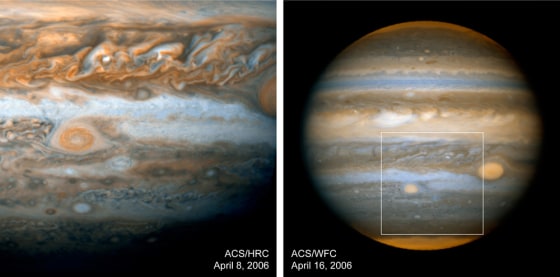 These images released by NASA show two views of Jupiter's "Little Red Spot," which is about the size of Earth. The image on the left shows a close-up view of the spot (center left,) and at right, a box has been added to show the spot's location on Jupiter.