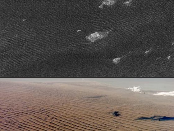 Cassini radar sees sand dunes on Saturn's giant moon Titan (upper photo) that are sculpted like Namibian sand dunes on Earth (lower photo).