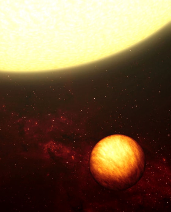 An artist's illustration of a Jupiter-like planet soaking up the scorching rays of its nearby sun. Spitzer observations suggest one side of Upsilon Andromeda b is perpetually in cold dark, while the other is forever blistering under the heat of its star.