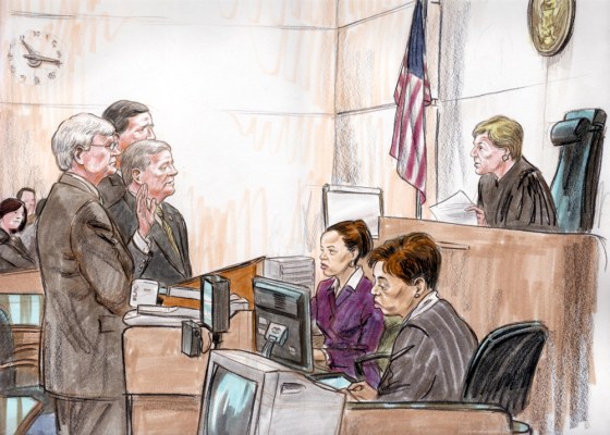 Rep. Bob Ney, R-Ohio, flanked by his attorneys (Mark Tuohey, front; Bill Lawler, back) pleaded guilty before U.S. District Court Judge Ellen Huvelle, as the clerk and court reporter looked on.