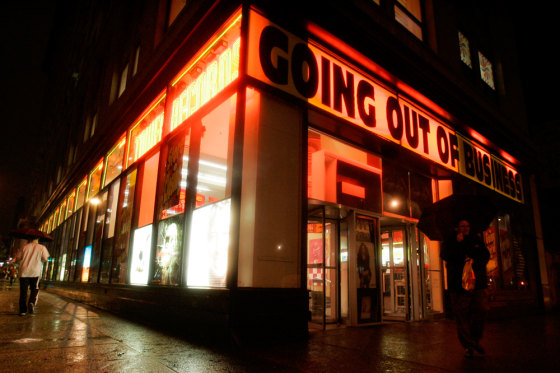 The sign says it all at the Manhattan Tower Records. The chain owed creditors about $200 million.