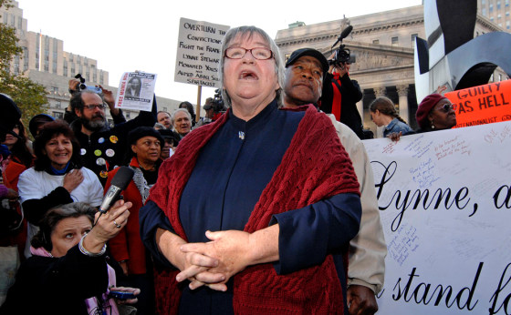 Former civil rights lawyer Lynne Stewart arrives at a rally filled with supporters in front of a Manhattan federal court before her scheduled sentencing on Monday in New York.