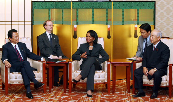 U.S. Secretary of State Condoleezza Rice meets Japanese Foreign Minister Taro Aso and Minister of State for Defense Fumio Kyuma at the Foreign Ministry's Iikura guesthouse