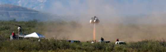 Armadillo Aerospace's entry in the $2 million Lunar Lander Challenge leaves its launch pad to begin a test flight Thursday at Las Cruces International Airport in New Mexico.