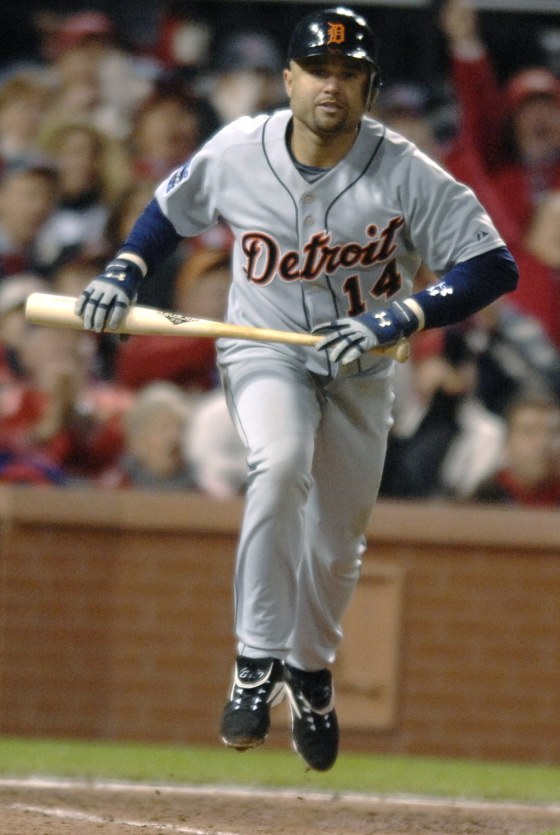 Tigers Placido Polanco lines out against Cardinals during Game 3 in Major League Baseball's World Series in St Louis