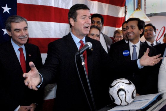 Sen. George Allen speaks during a campaign stop at "My Bakery & Cafe" in Falls Church, Va.