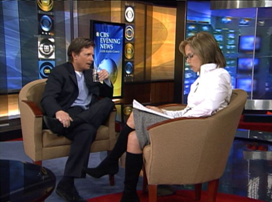 CBS News anchor Katie Couric interviews Michael J. Fox about his ads for stem cell research on Thursday in New York. In a response to charges by conservative talk-show host Rush Limbaugh, Fox defended his appearance in recent campaign ads.
