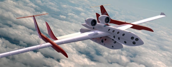 An artist's illustration shows Virgin Galactic's SpaceShipTwo and its mothership in flight.