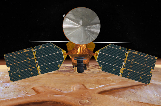 An artist's conception shows the Mars Reconnaissance Orbiter with its solar arrays spread wide. The orbiter was commanded to have its camera scan for any sign of the Mars Global Surveyor, a 10-year-old probe that has gone out of contact with Earth.