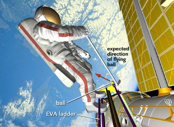 A NASA illustration shows how Russian cosmonaut Mikhail Tyurin will set up for a tee-off during Wednesday's spacewalk. Tyurin would use only one hand on the club because the spacesuit is too awkward to accommodate a two-handed grip.