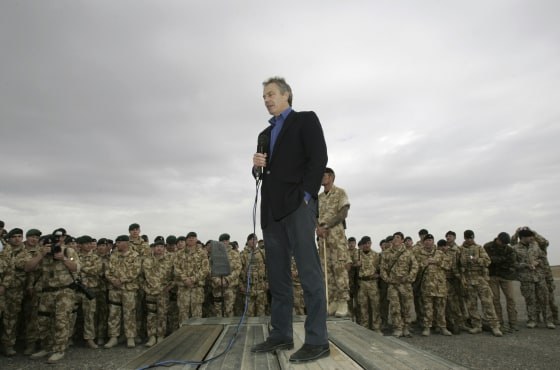 Blair addresses British soldiers at Camp Bastion in the Helmand region of Afghanistan