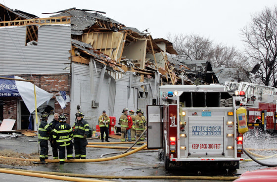 A chemical plant explosion damaged this bakery shop on Water Street in Danvers, Mass., on Wednesday.