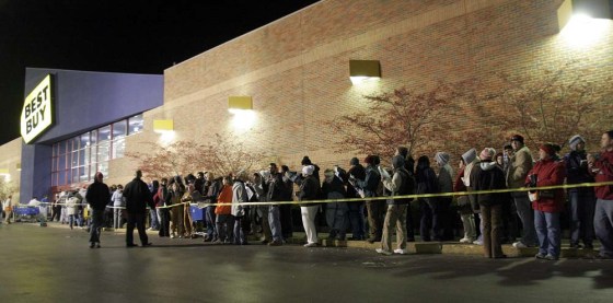 Shoppers hoping for 'Black Friday' bargains wait in line at Eastgate Best Buy store near Batavia, Ohio.