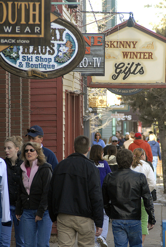 Shoppers walk Main Street in Breckenridge, Colo., earlier this month. Resort retailers cater to tourists during the busy ski season, which starts around Thanksgiving for Colorado resorts and ends in late March.