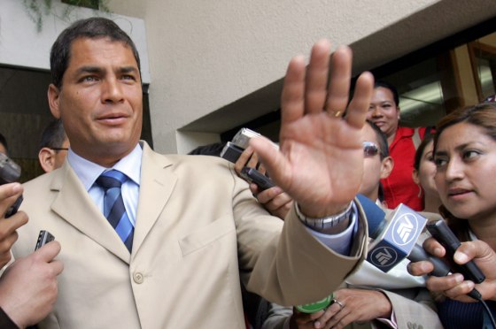 Rafael Correa, seen Tuesday in Quito, Ecuador, earned 57.2 percent of the runoff vote, with 95.35 percent of ballot boxes nationwide counted, according to election authority tallies.