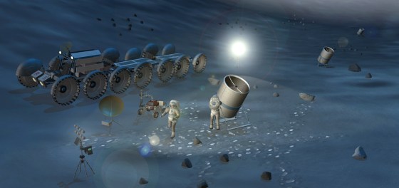 In this artist’s conception, astronauts set up an array of telescopes on the moon.