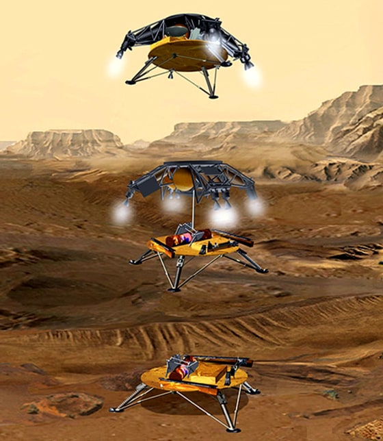 Sky Crane illustrated lowering Mars Sample Return spacecraft.