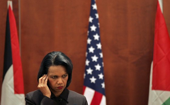 U.S. Secretary of State Condoleezza Rice listens to the questions in Jericho