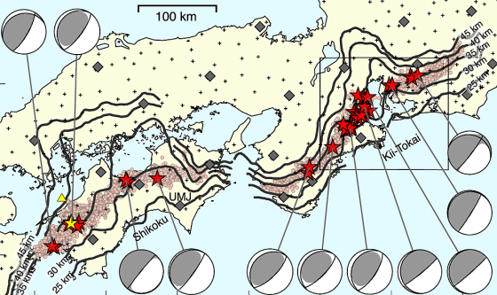 On this map of Japan's earthquake sensor network, stars indicate very low-frequency earthquakes and circles point to deep low-frequency tremors. The plus and diamond symbols represent the NIED Hi-net and F-net stations, respectively. The yellow triangle indicates the epicenter of an ordinary earthquake with a moment magnitude of 3.4. 
