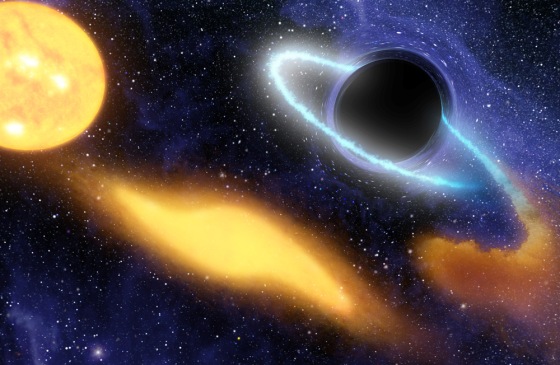 This artist's concept shows a supermassive black hole at the center of a remote galaxy digesting the remnants of a star. NASA's Galaxy Evolution Explorer had a "ringside" seat for this feeding frenzy, using its ultraviolet eyes to study the process from beginning to end. 