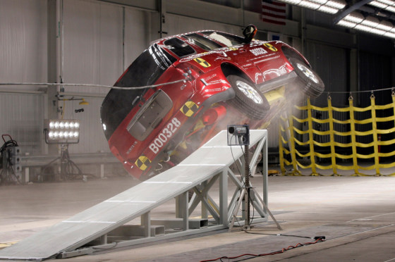 A 2006 Buick Rainier flies off a ramp at the new General Motors rollover crash testing facility in Milford