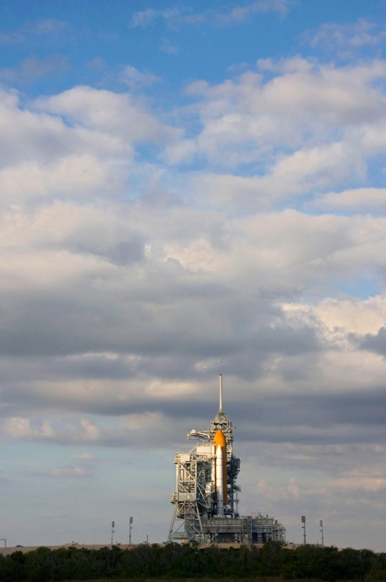 The space shuttle Discovery sits on launch pad 39b at the Kennedy Space Center in Cape Canaveral, Florida