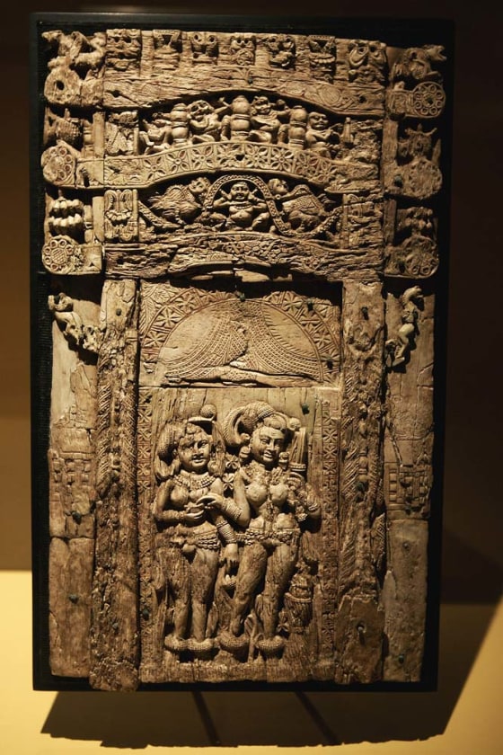 An ivory work of art is seen on display at the "Afghanistan, Rediscovered Treasures" exhibition at the Guimet Museum, in Paris, France, on Monday.