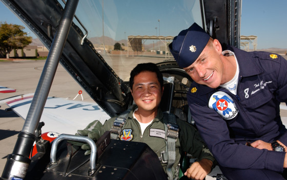 NBC News' Gene Choo and Maj. Tad "T.C." Clark, pilot of Thunderbird 8, prepare for take-off at Nellis AFB in Las Vegas.