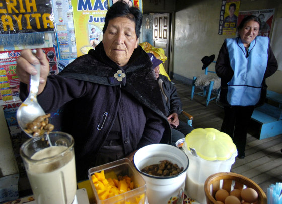 Timotea Cordova , 80, prepares a traditional elixir to ward off the breathless effect of the high altitude in Junin, Peru. For hundreds of years, Quechua Indians have grown maca, the frost-resistant root that grows in these frigid Andean highlands, to boost stamina and sex drive. The root, they believe, is nature's bounty and belongs to everyone and to no one in particular.