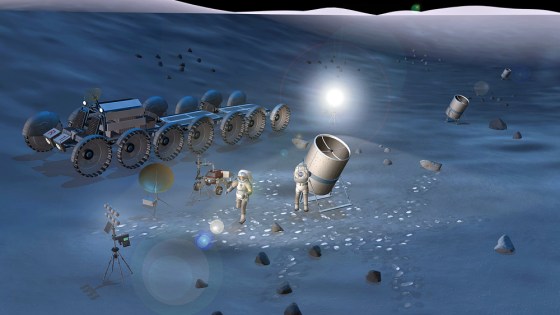 An artist's conception shows the installation of a telescope array on the moon.