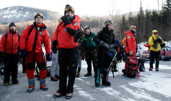 Search and rescue teams get ready to look for missing hiker Brian Gagnon on Mount Lafayette in Franconia, N.H., on Monday. Soon after this picture was taken, Gagnon, 24, was found alive on the mountain.