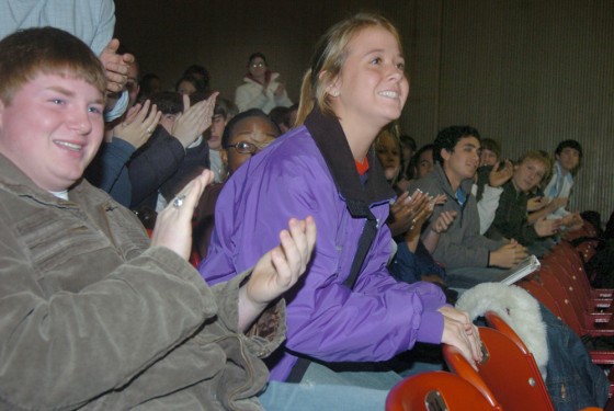 El Dorado High School students react to the announcement that Murphy Oil Company will pay college tuition and fees for any student that graduates from the El Dorado School system in El Dorado, Ark., Monday.