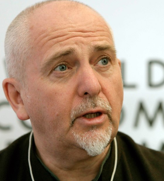 British musician Gabriel speaks during a Reuters interview in Davos